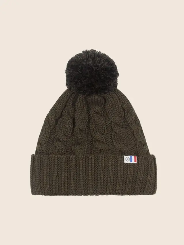 JULES & JENN - Bonnet pompon laine kaki noir