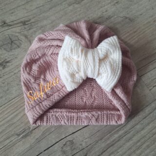 La Fabrique À DeDeuh - Turban bonnet prénom brodé en tissu maille de coton façon tricot jacquard nœud, buns ou simple personnalisable 9 couleurs