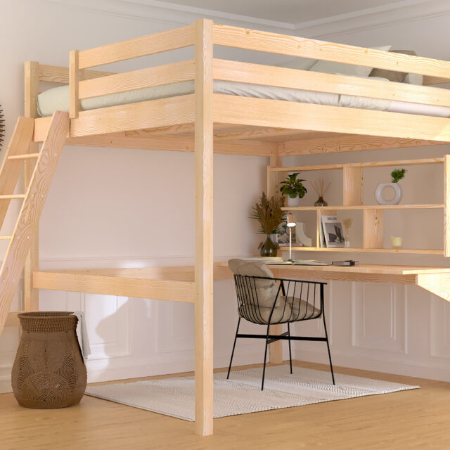 ABC MEUBLES - Lit mezzanine 2 places bois Sylvia 160x200 échelle inclinée