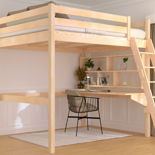 ABC MEUBLES - Lit mezzanine 2 places bois Sylvia 160x200 échelle inclinée