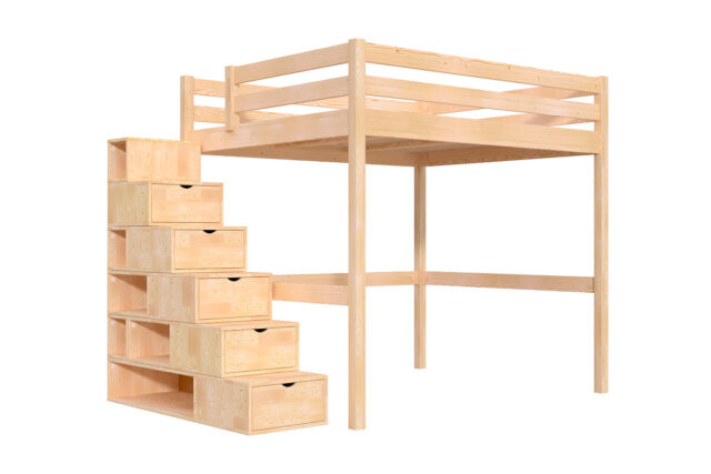 ABC Meubles - Lit Mezzanine bois 160×200 avec escalier cube Sylvia