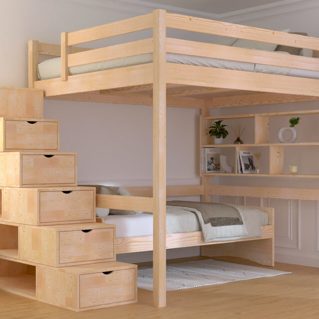 ABC MEUBLES - Lit Mezzanine bois 160x200 avec escalier cube Sylvia