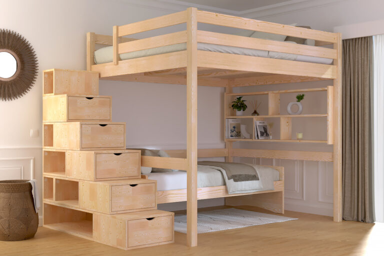 ABC MEUBLES - Lit Mezzanine bois 160x200 avec escalier cube Sylvia