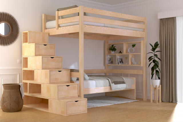 ABC MEUBLES - Lit mezzanine bois 120x200 Sylvia avec escalier cube