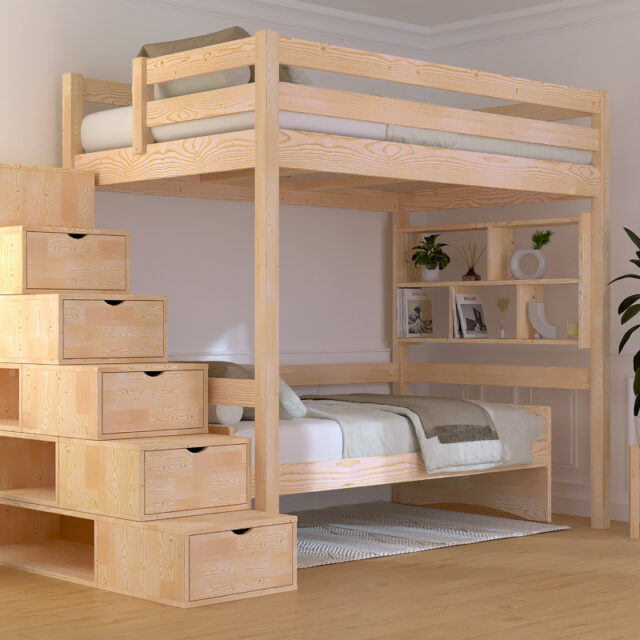 ABC MEUBLES - Lit mezzanine bois 120x200 Sylvia avec escalier cube