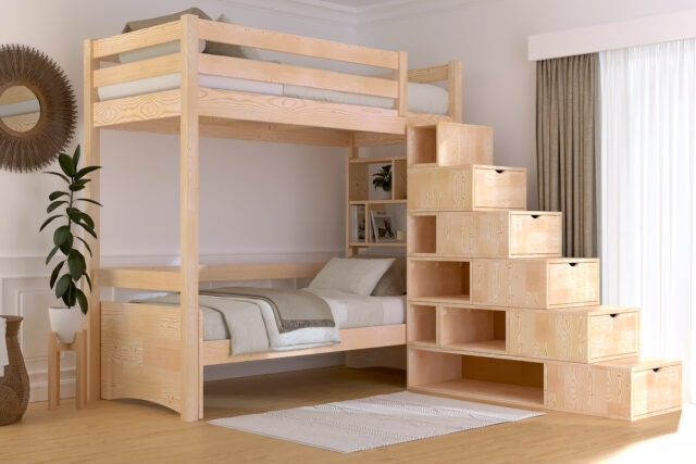 ABC MEUBLES - Lit mezzanine bois 90x200 Sylvia avec escalier cube