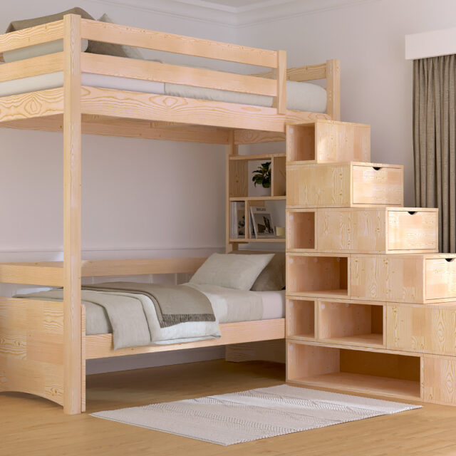 ABC MEUBLES - Lit mezzanine bois 90x200 Sylvia avec escalier cube