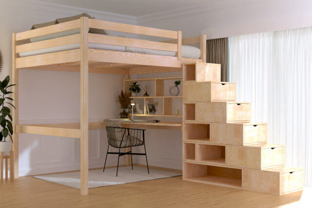 ABC MEUBLES - Lit Mezzanine bois 160x200 avec escalier cube Sylvia