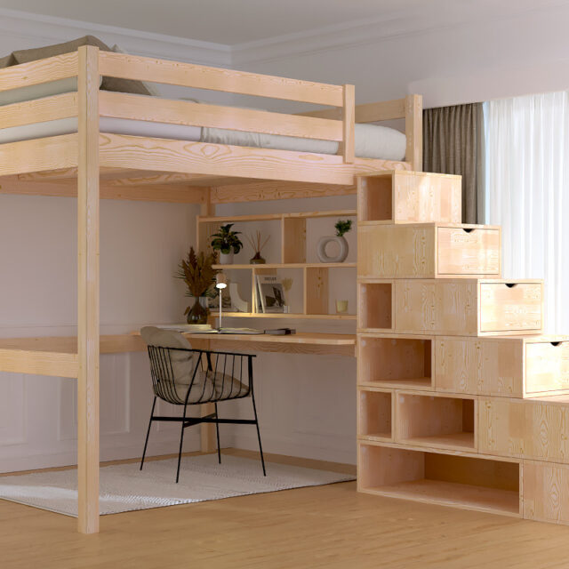 ABC MEUBLES - Lit Mezzanine bois 160x200 avec escalier cube Sylvia