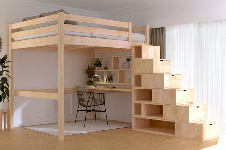 ABC MEUBLES - Lit Mezzanine bois 160x200 avec escalier cube Sylvia