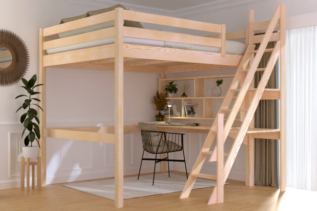 ABC MEUBLES - Lit Mezzanine bois 160x200 Sylvia avec escalier de meunier