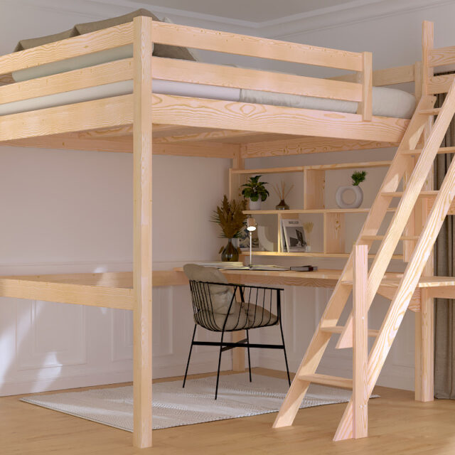 ABC MEUBLES - Lit Mezzanine bois 160x200 Sylvia avec escalier de meunier