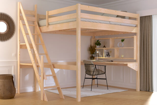 ABC MEUBLES - Lit Mezzanine bois 160x200 Sylvia avec escalier de meunier