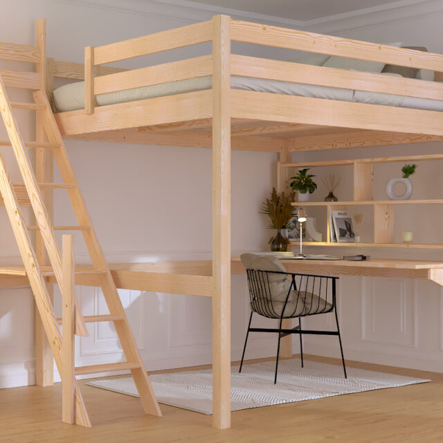 ABC MEUBLES - Lit Mezzanine bois 160x200 Sylvia avec escalier de meunier