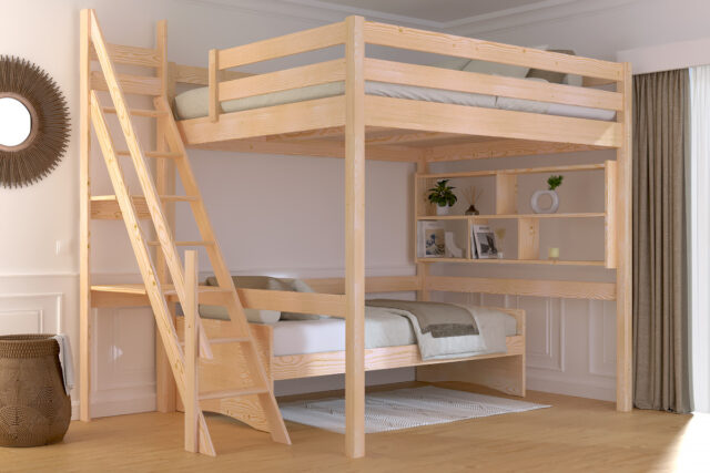 ABC MEUBLES - Lit Mezzanine bois 160x200 Sylvia avec escalier de meunier