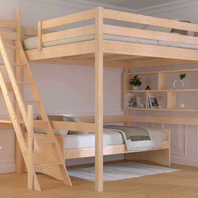 ABC MEUBLES - Lit Mezzanine bois 160x200 Sylvia avec escalier de meunier