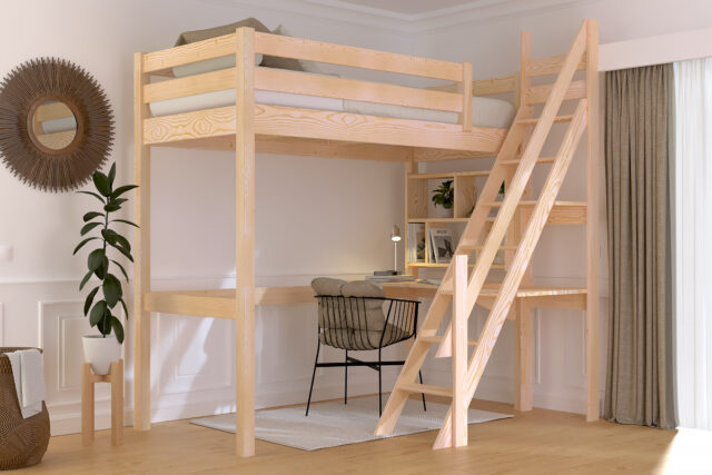 ABC MEUBLES - Lit Mezzanine bois Sylvia 90x200 avec escalier de meunier