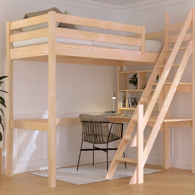 ABC MEUBLES - Lit Mezzanine bois Sylvia 90x200 avec escalier de meunier