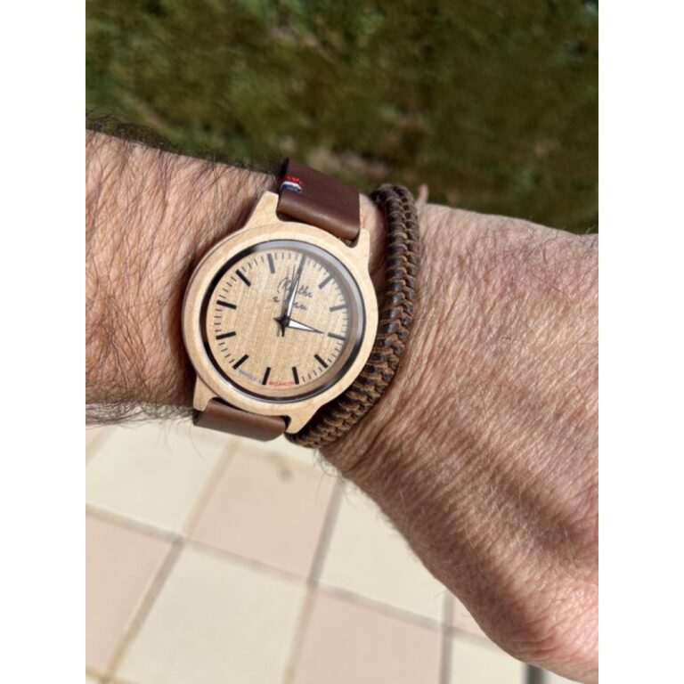 Menthe à l'eau - Montre Bois L'Érable bracelet Croute de cuir marron cocarde Bleu/Blanc/Rouge – Marron