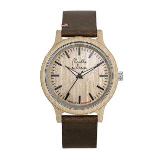 Menthe à l’eau - Montre Bois LÉrable bracelet Croute de cuir marron cocarde Bleu/Blanc/Rouge
