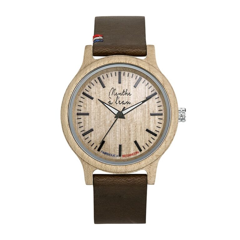 Menthe à l'eau - Montre Bois L'Érable bracelet Croute de cuir marron cocarde