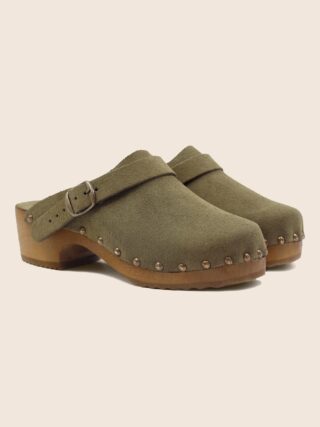 Sabots bois brides cuir daim kaki par la marque JULES & JENN JULES & JENN - Sabots bois brides cuir daim kaki