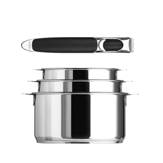 CRISTEL - Set batterie Cristel Casteline 3 casseroles et 1 poignée zenith amovible - 2 coloris