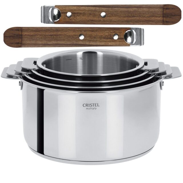 CRISTEL - Set batterie 4 casseroles CRISTEL Casteline 2 poignées bois - 3 finitions