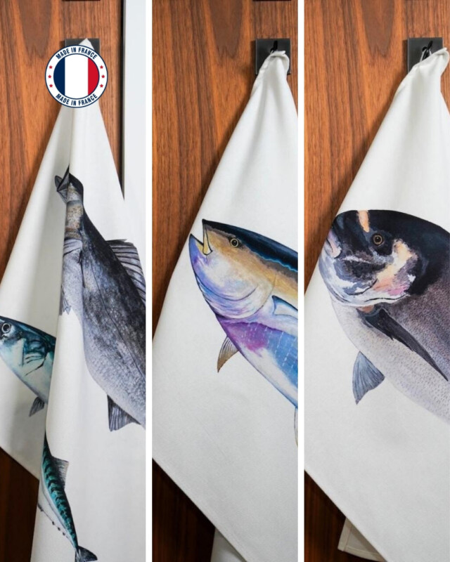 Varek Illustations - Lot de 3 Torchons 100% coton : Les poissons de nos côtes