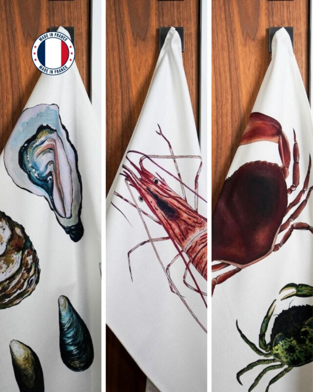 Varek Illustations - Lot de 3 Torchons 100% coton : Le plateau de fruits de mer