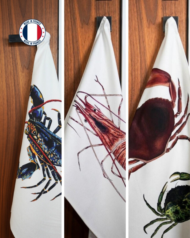 Varek Illustations - Lot de 3 Torchons 100% coton : Les crustacés de la marée