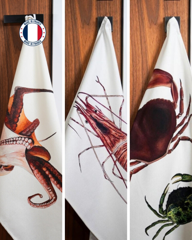 Varek Illustations - Lot de 3 Torchons 100% coton : Poulpe, Crevette & Crabes