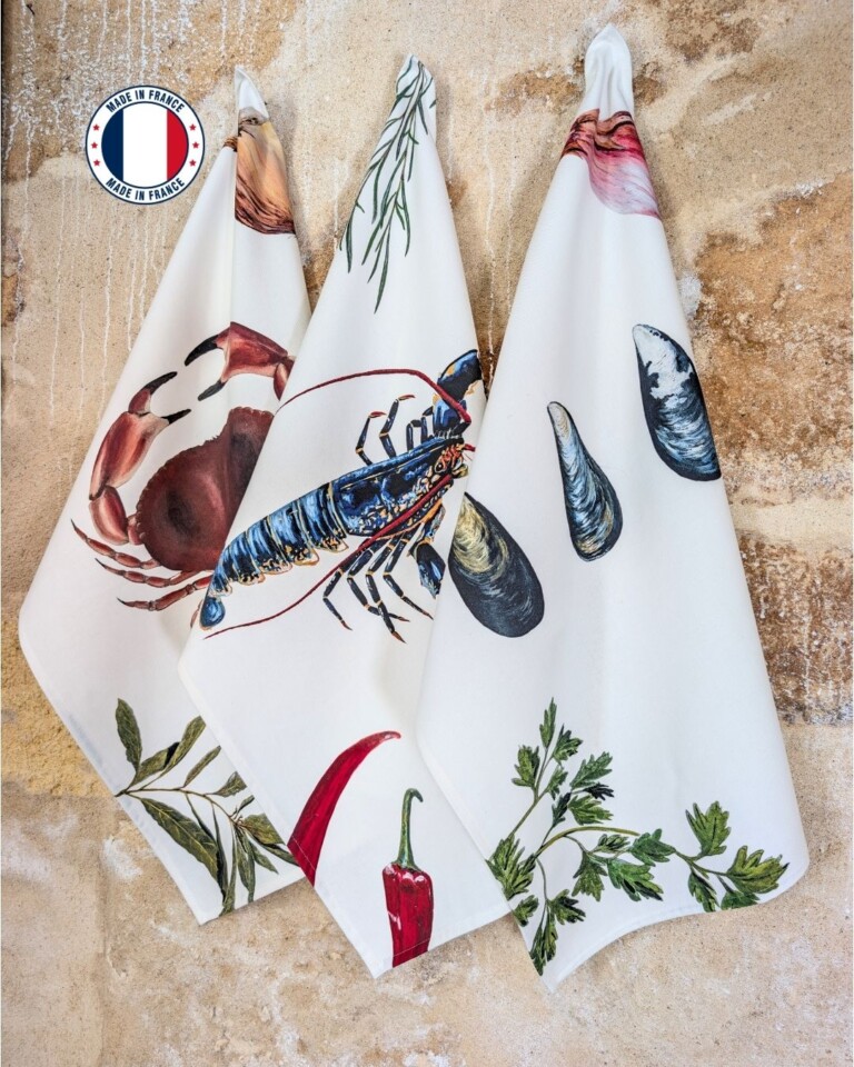 varek.illustrations - Lot de 3 Torchons 100% coton : Les Recettes de Fruits de Mer