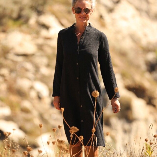 Quintessence - Robe Yuna - Double gaze de coton/lin jacquard fleuri noir