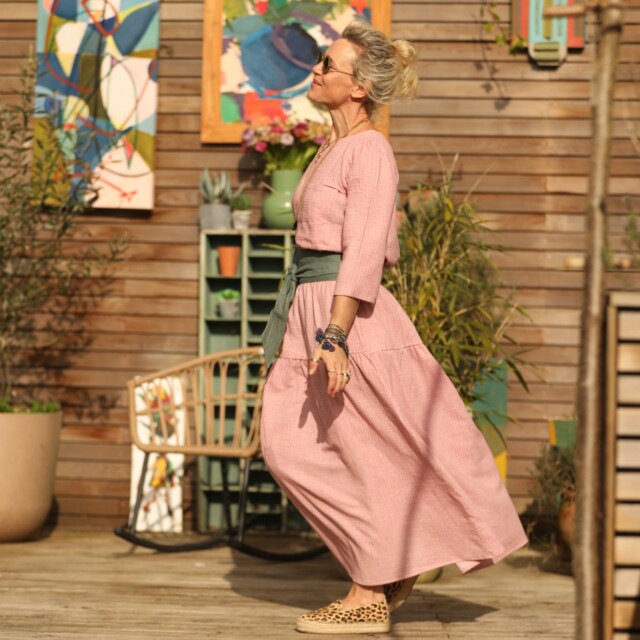 Quintessence - Jupe Sarah - double gaze de coton rose boisé tie & die