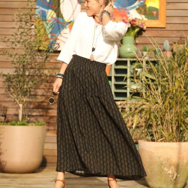 Quintessence - Jupe Sarah - viscose batik noir/kaki