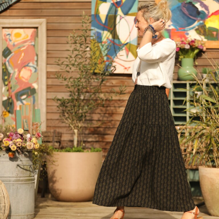 Quintessence - Jupe Sarah - viscose batik noir/kaki