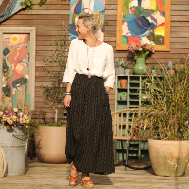 Quintessence - Jupe Sarah - viscose batik noir/kaki