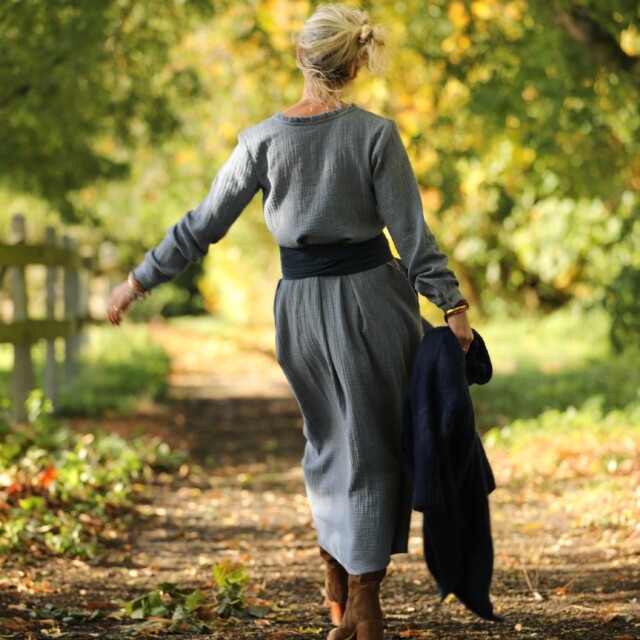 Quintessence - Robe Aurélia - Double gaze de coton bleu chiné