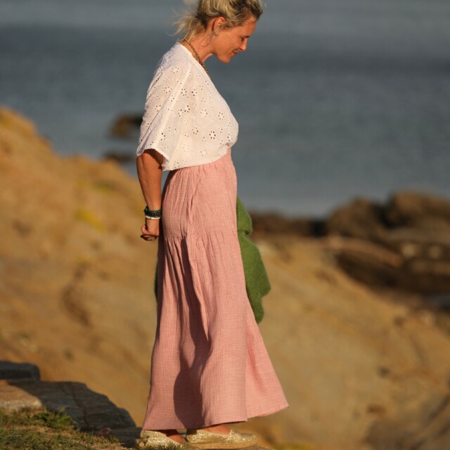 Quintessence - Jupe Sarah - double gaze de coton rose boisé tie & die