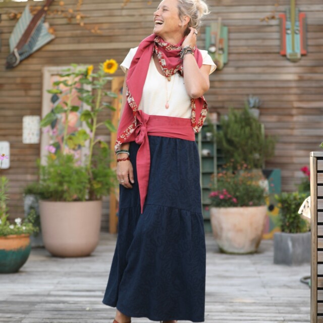 Quintessence - Jupe Sarah - coton/lin jacquard bleu marine