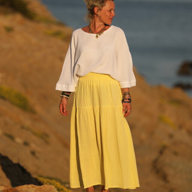 Quintessence - Jupe Sarah - double gaze de coton jaune mimosas