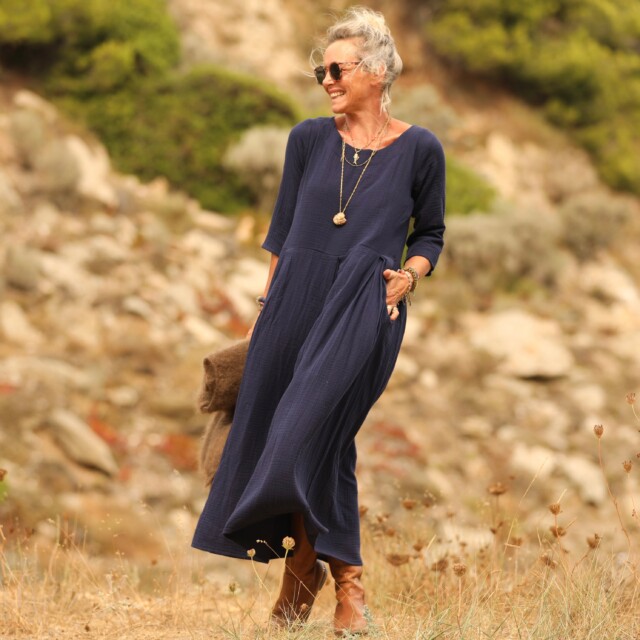 Quintessence - Robe Louisa double gaze de coton bleu nuit