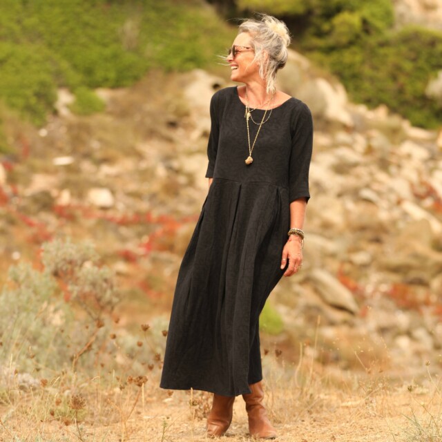 Quintessence - Robe Louisa - Double gaze de coton/lin jacquard fleuri noir