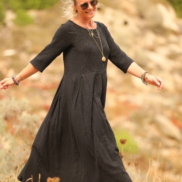 Quintessence - Robe Louisa – Double gaze de coton/lin jacquard fleuri noir