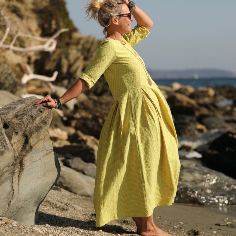 Quintessence - Robe Louisa manches 3/4 vichy ficelle/jaune fluo