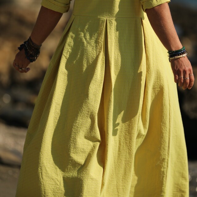 Quintessence - Robe Louisa manches 3/4 vichy ficelle/jaune fluo