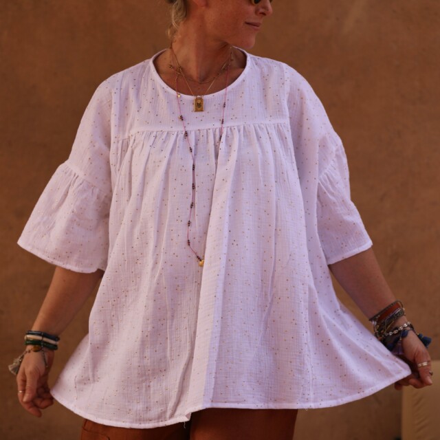 Quintessence - Blouse Léopoldine - double gaze de coton blanche plumetis or