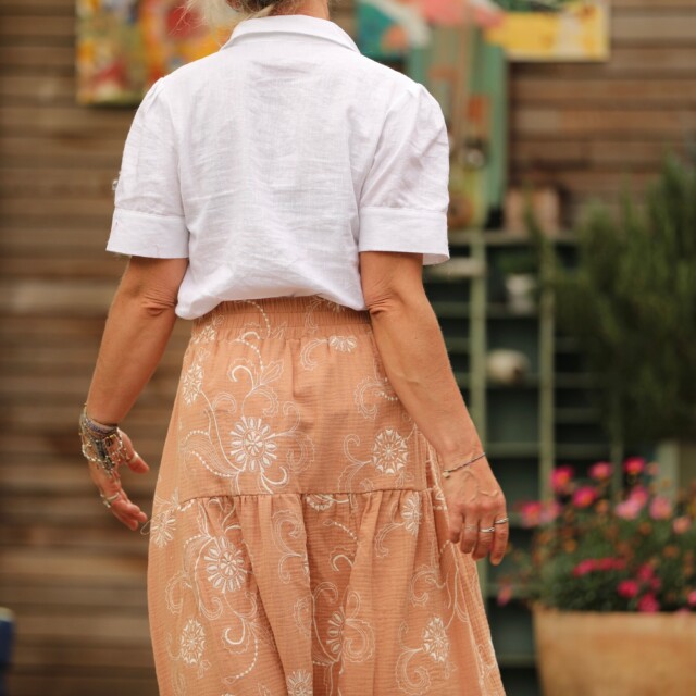 Quintessence - Jupe Sarah - double gaze de coton brodée camel