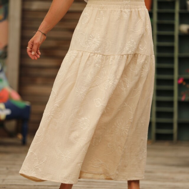 Quintessence - Jupe Sarah - double gaze de coton brodée ivoire